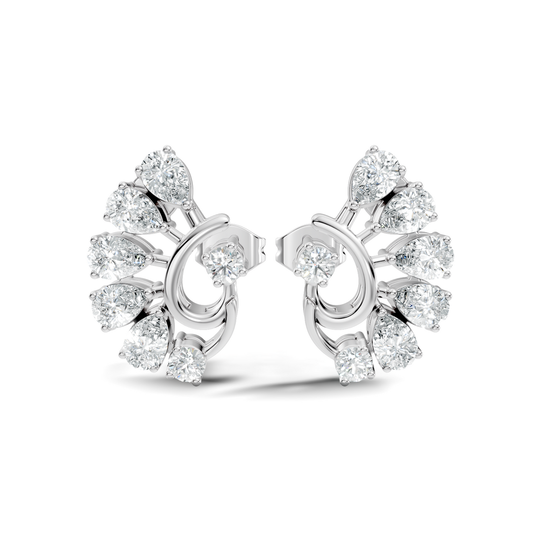 Pear & Round Peacock Fan Arc Diamond Stud