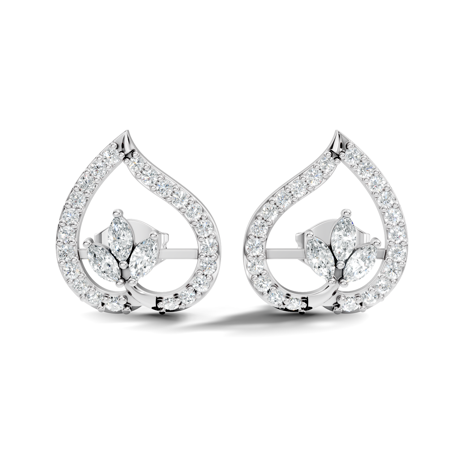 Marquise & Round Diamond Openwork Leaf Stud
