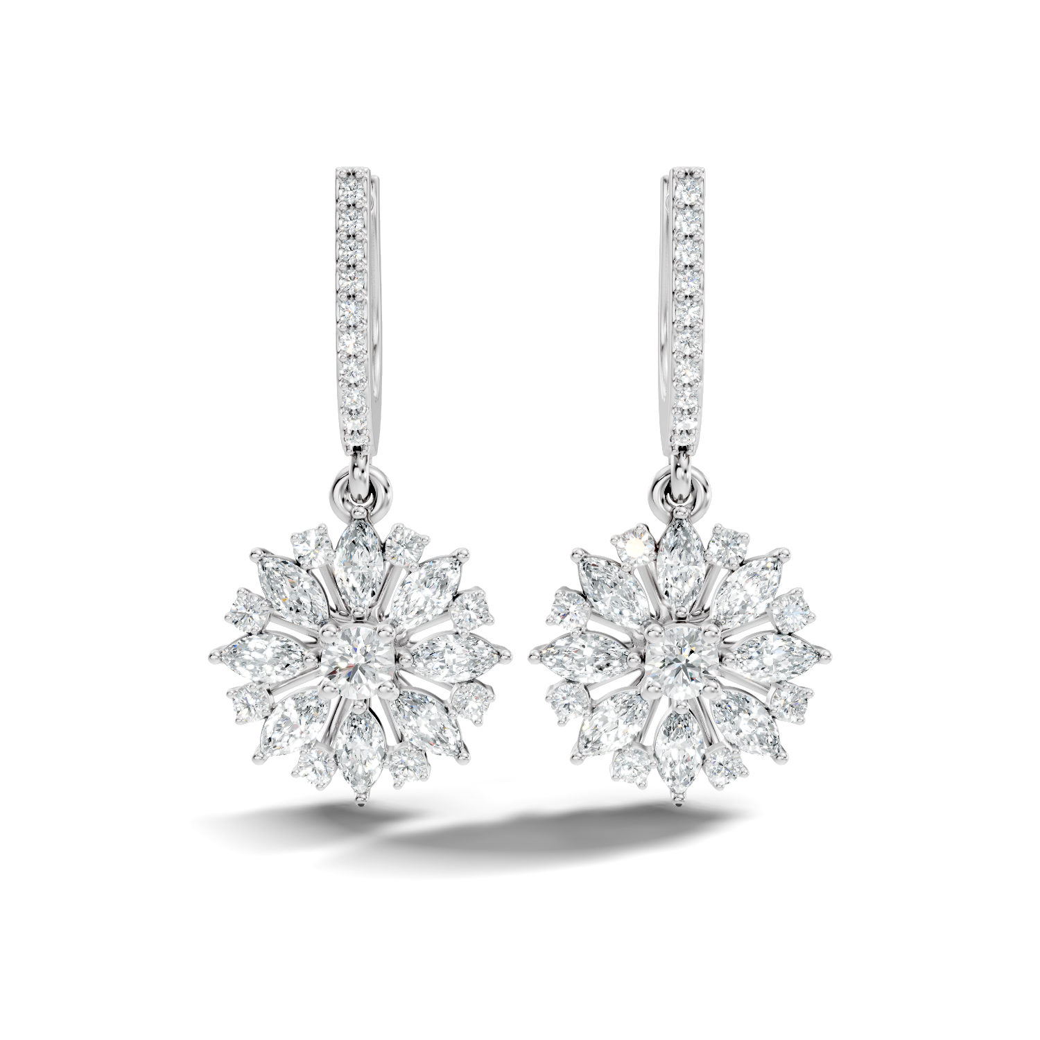 Marquise & Round Diamond Floral Sunburst Drop Earrings with Pavé Huggie Hoops