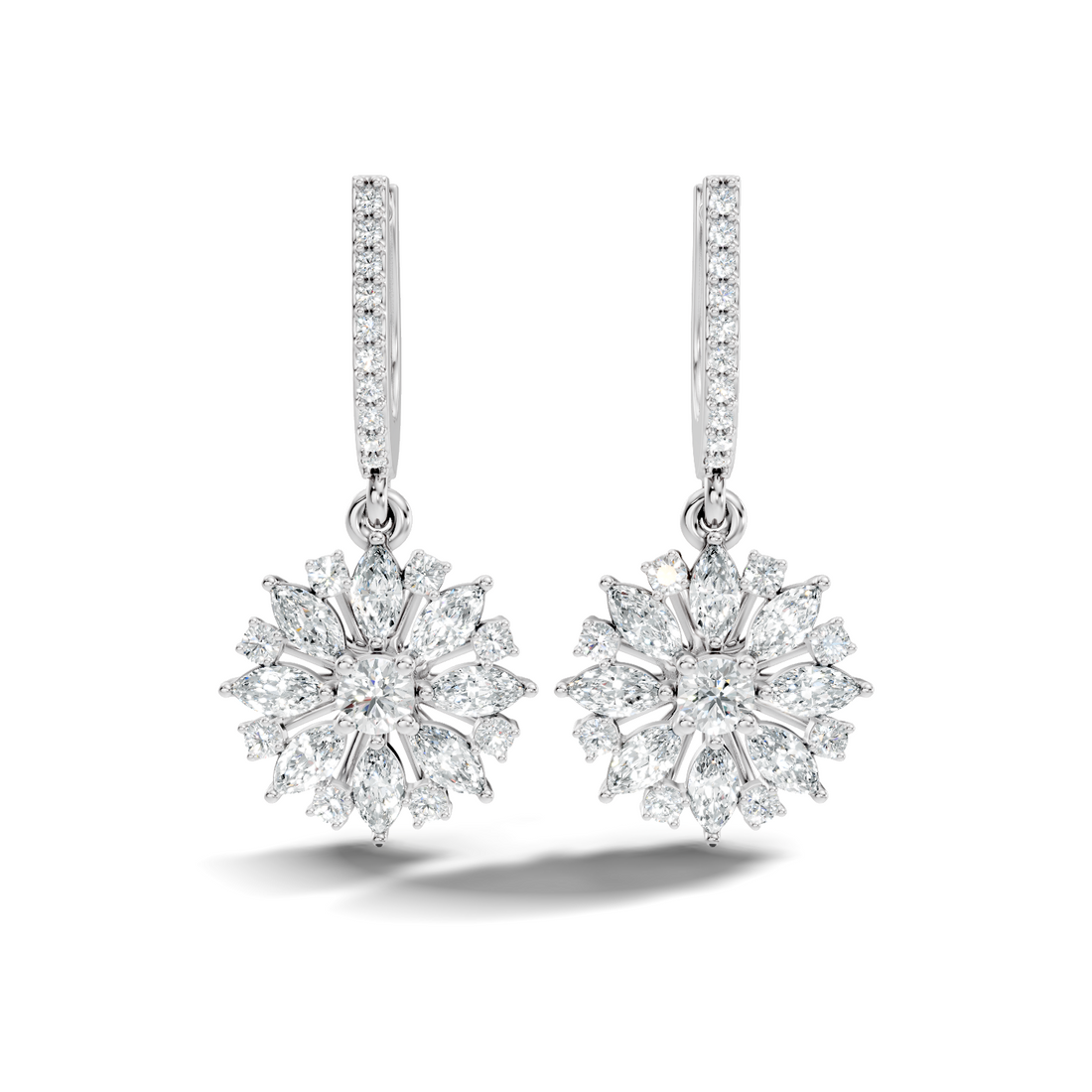 Marquise & Round Diamond Floral Sunburst Drop Earrings with Pavé Huggie Hoops