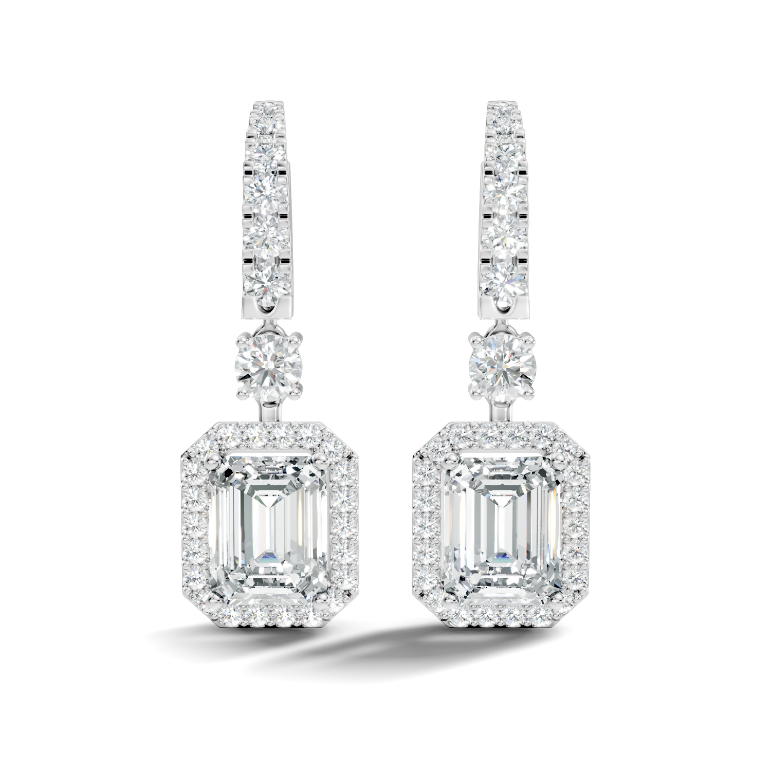 Emerald Cut Halo & Graduated Diamond Hoop Drop Earrings
