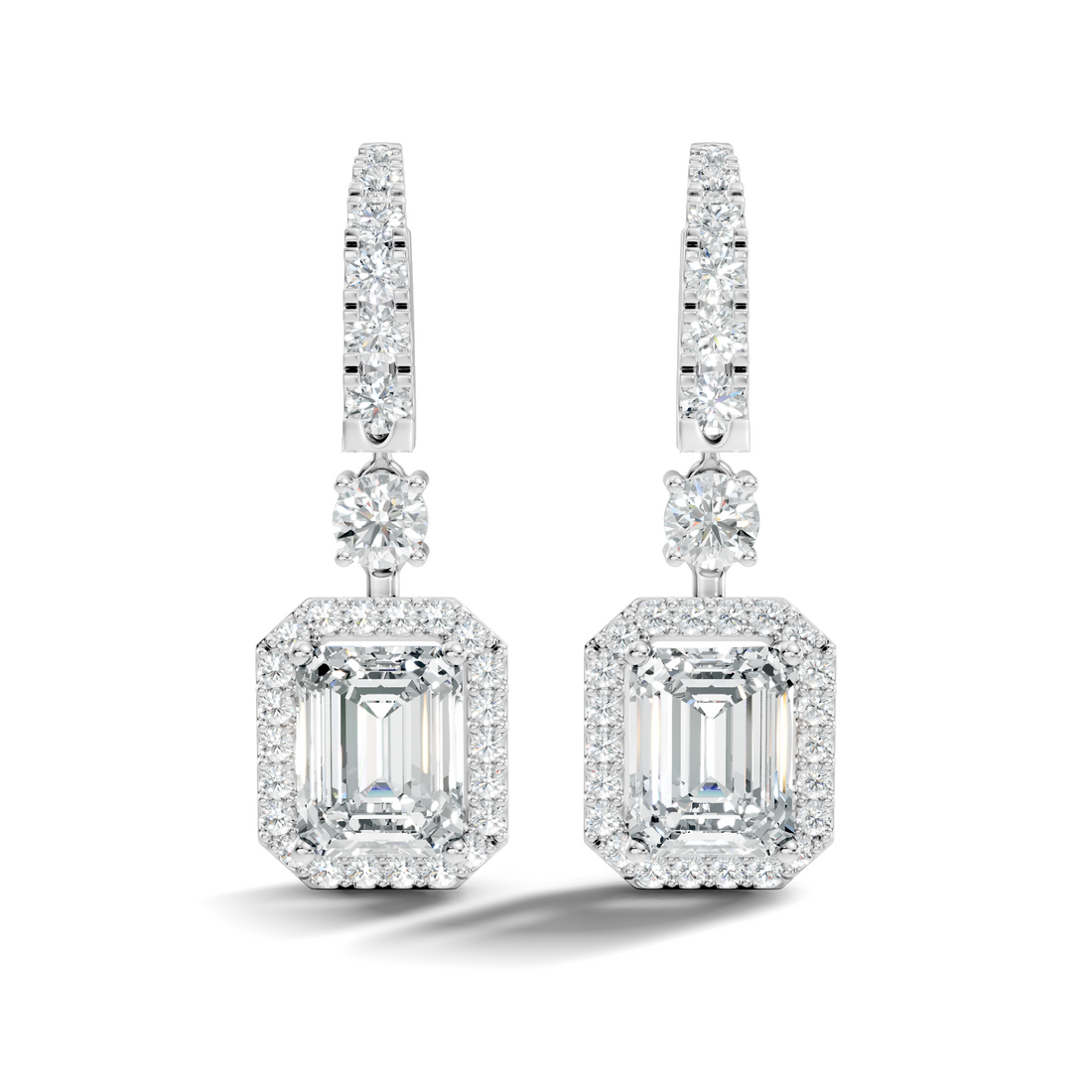 Emerald Cut Halo & Graduated Diamond Hoop Drop Earrings