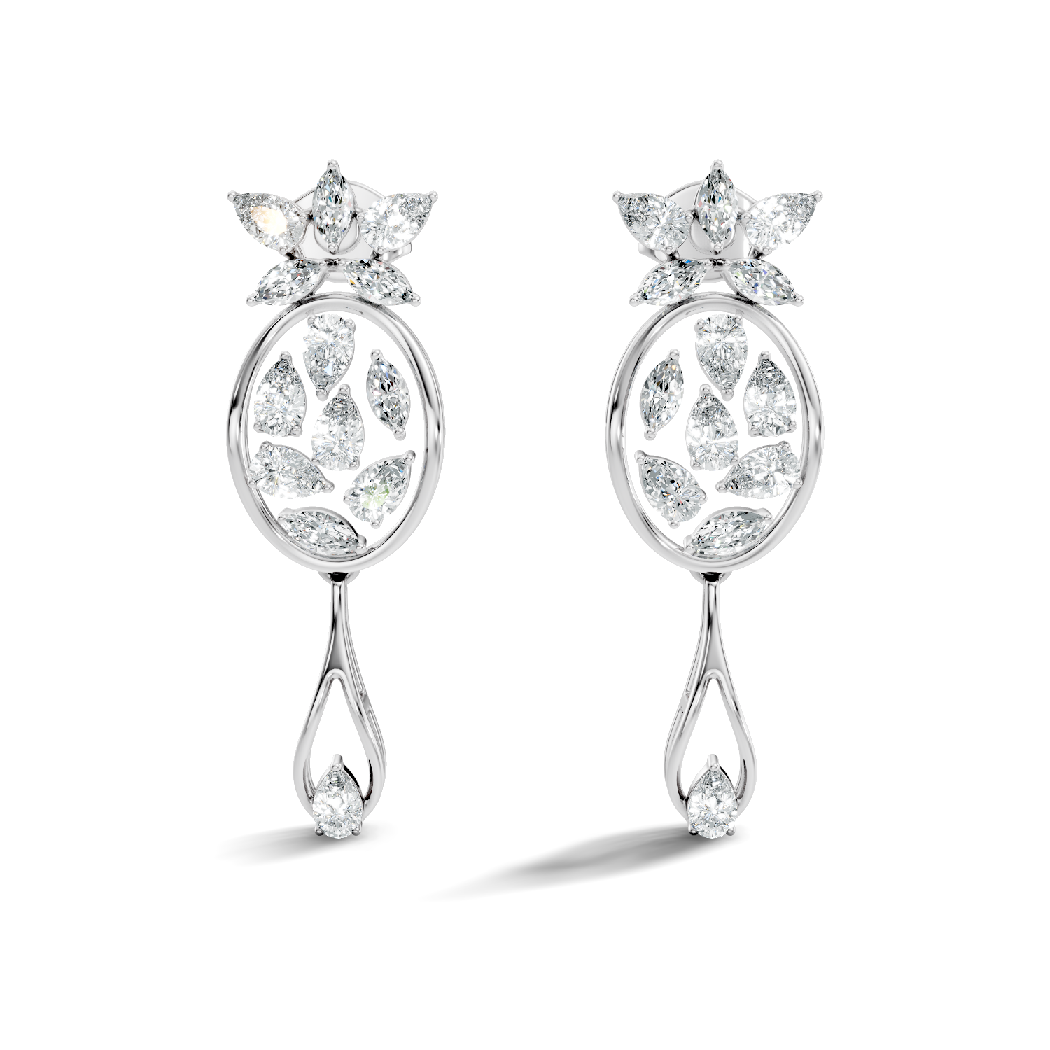 Oval Leaf Frame & Teardrop Marquise Pear Diamond Dangle Earrings (2.00 TCW)