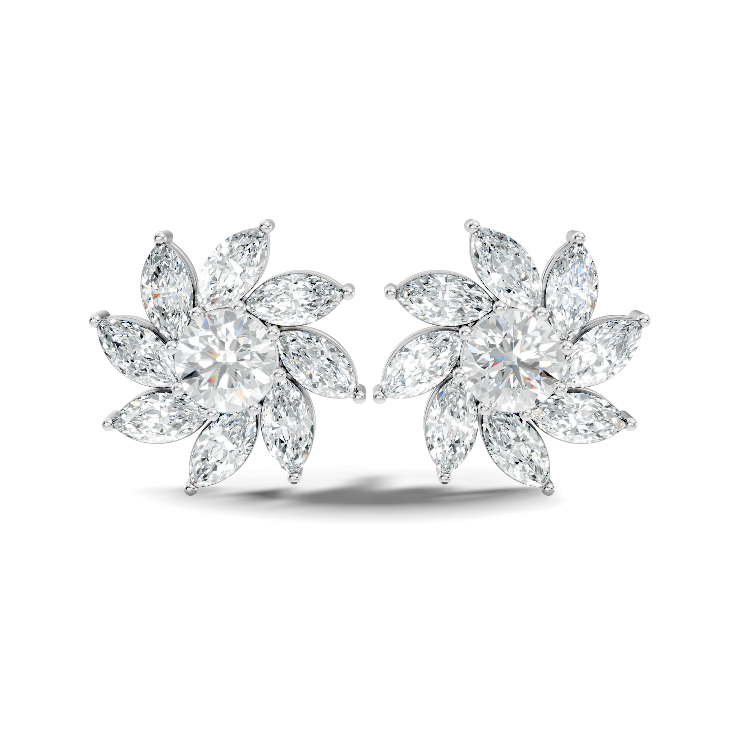 Round & Marquise Pinwheel Floral Diamond Cluster Stud
