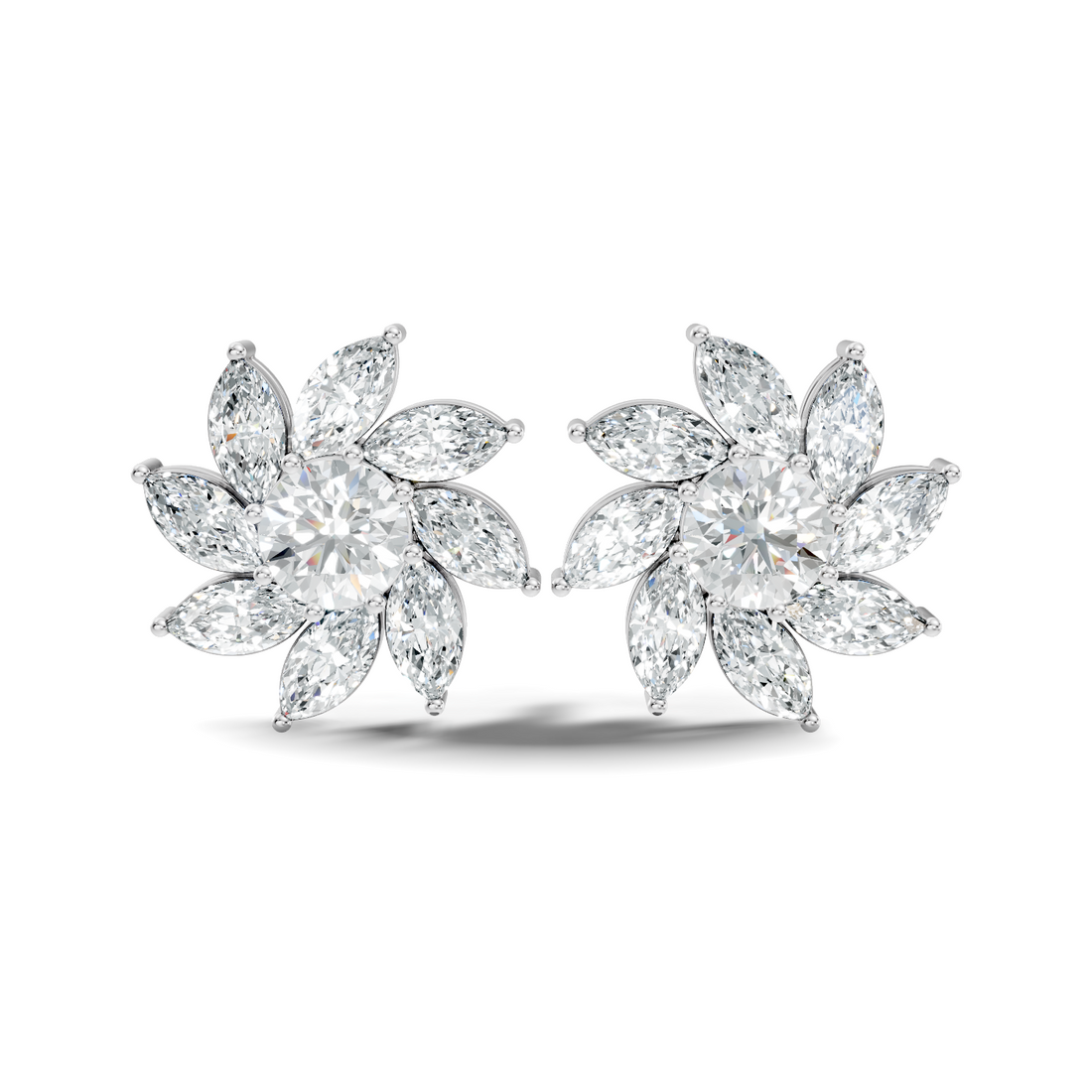 Round & Marquise Pinwheel Floral Diamond Cluster Stud