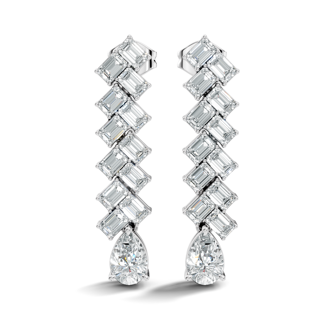 Emerald Cut Zig-Zag Column & Pear Drop Diamond Earrings