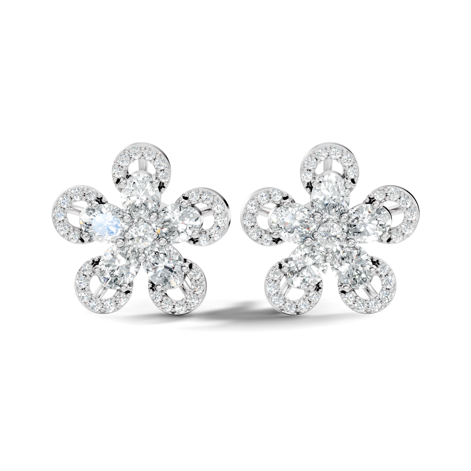 Oval & Round Diamond 5-Petal Openwork Flower Stud