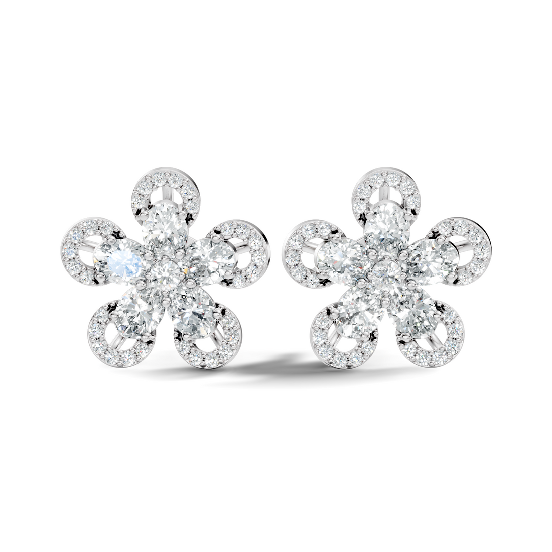 Oval & Round Diamond 5-Petal Openwork Flower Stud
