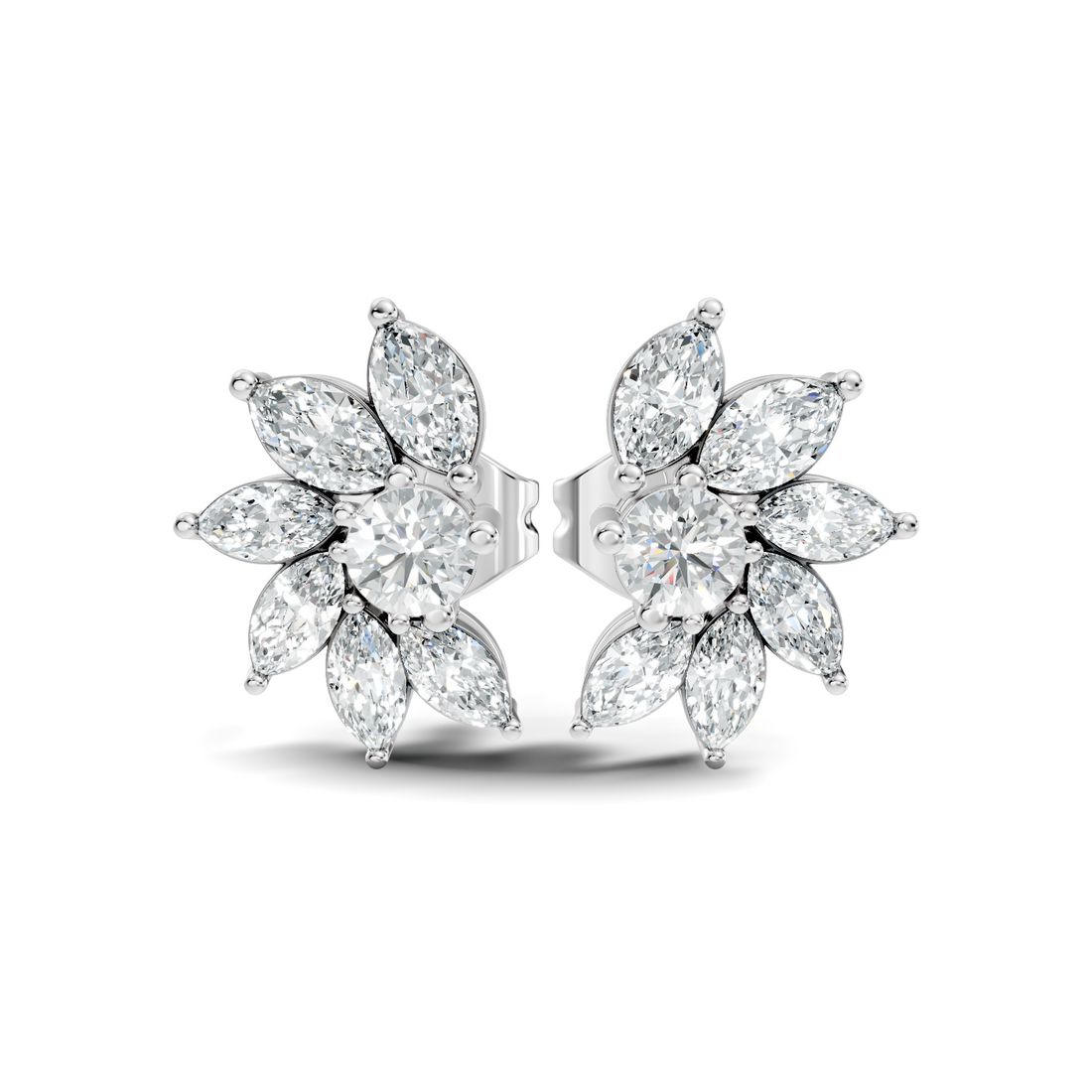 Marquise & Round Diamond Asymmetric Pinwheel Cluster Stud