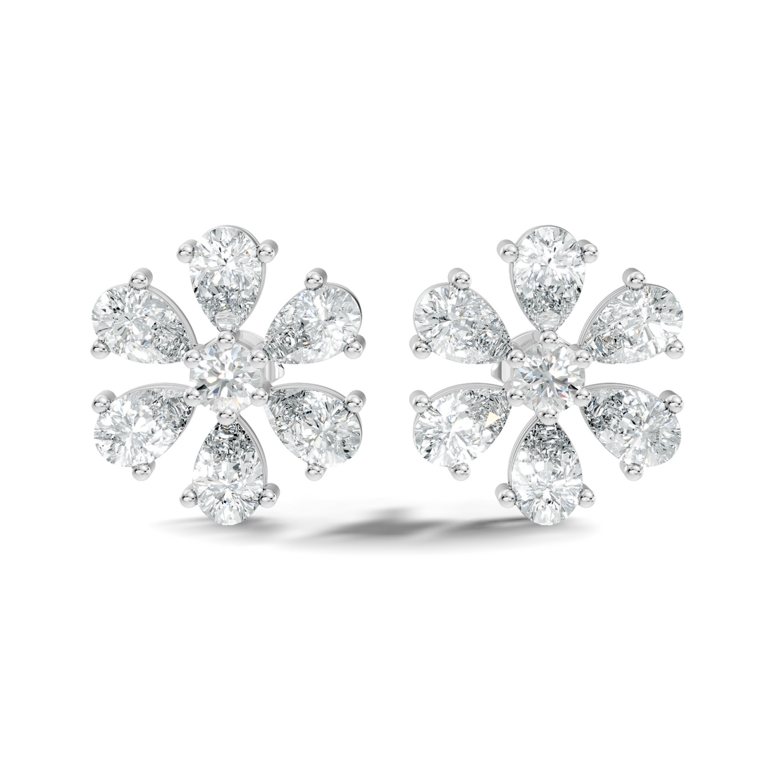 Pear & Round Diamond Floral Blossom Cluster Stud