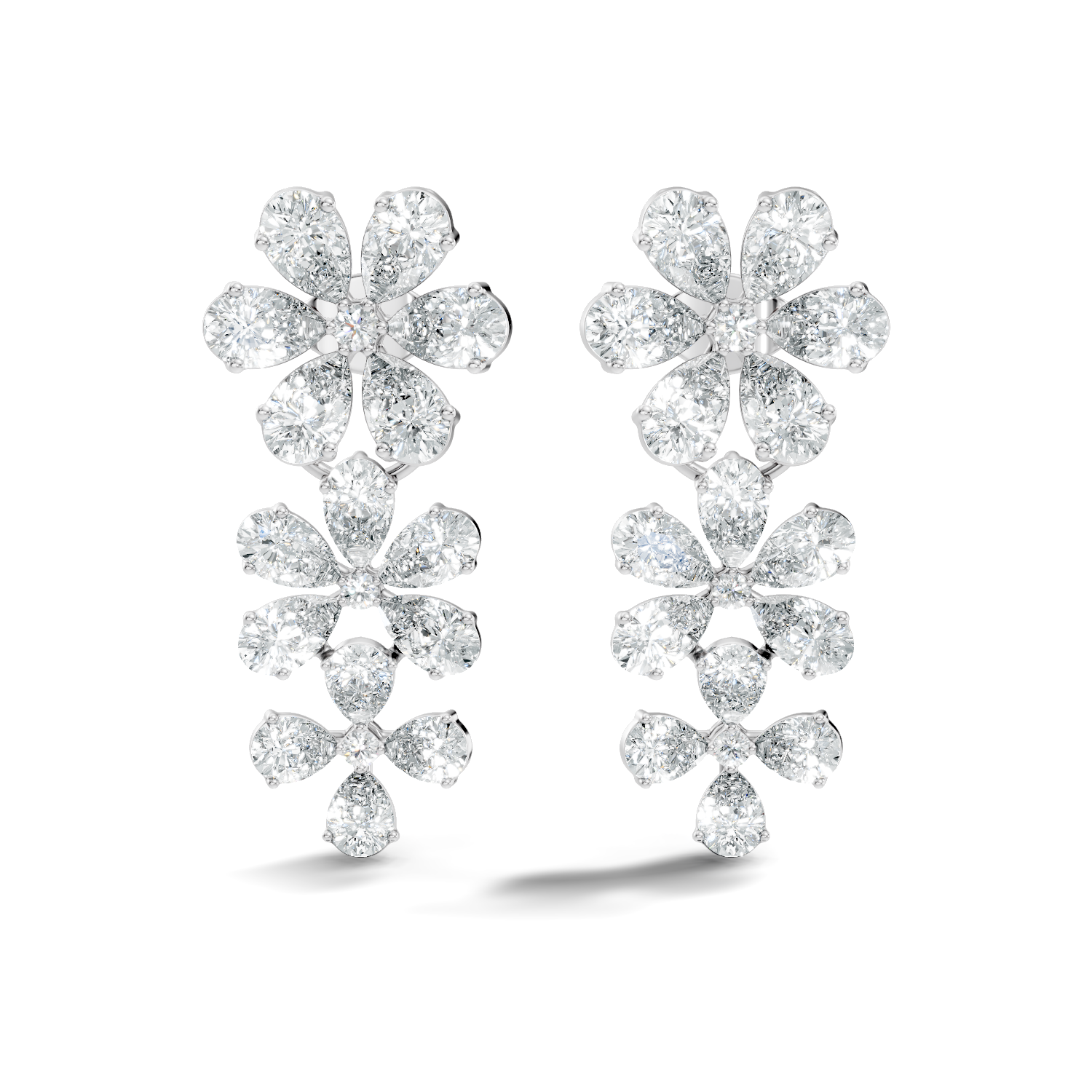 Pear & Round Diamond Triple Tier Floral Drop Earrings