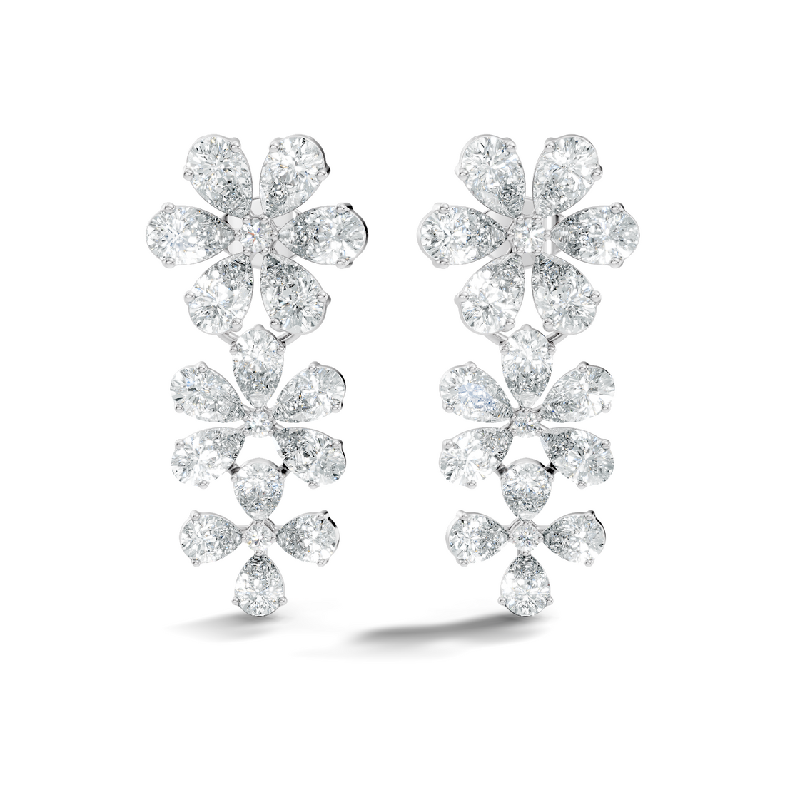 Pear & Round Diamond Triple Tier Floral Drop Earrings