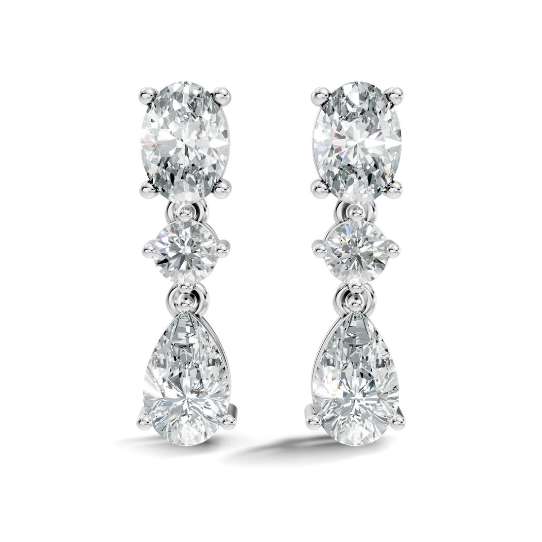 Oval, Round & Pear Three-Stone Linear Diamond Drop Earrings