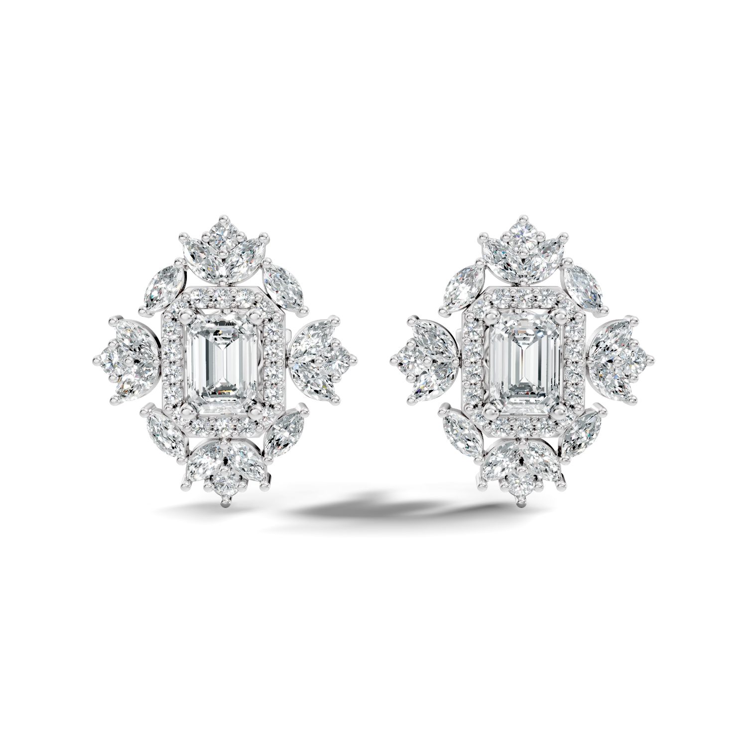 Emerald Cut Diamond Double Halo Marquise Burst Stud