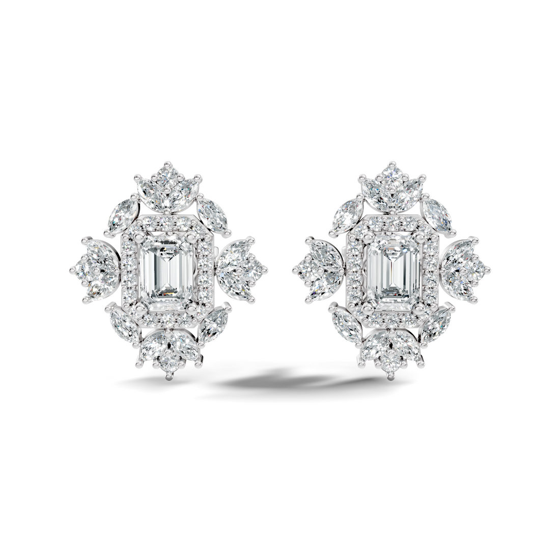 Emerald Cut Diamond Double Halo Marquise Burst Stud