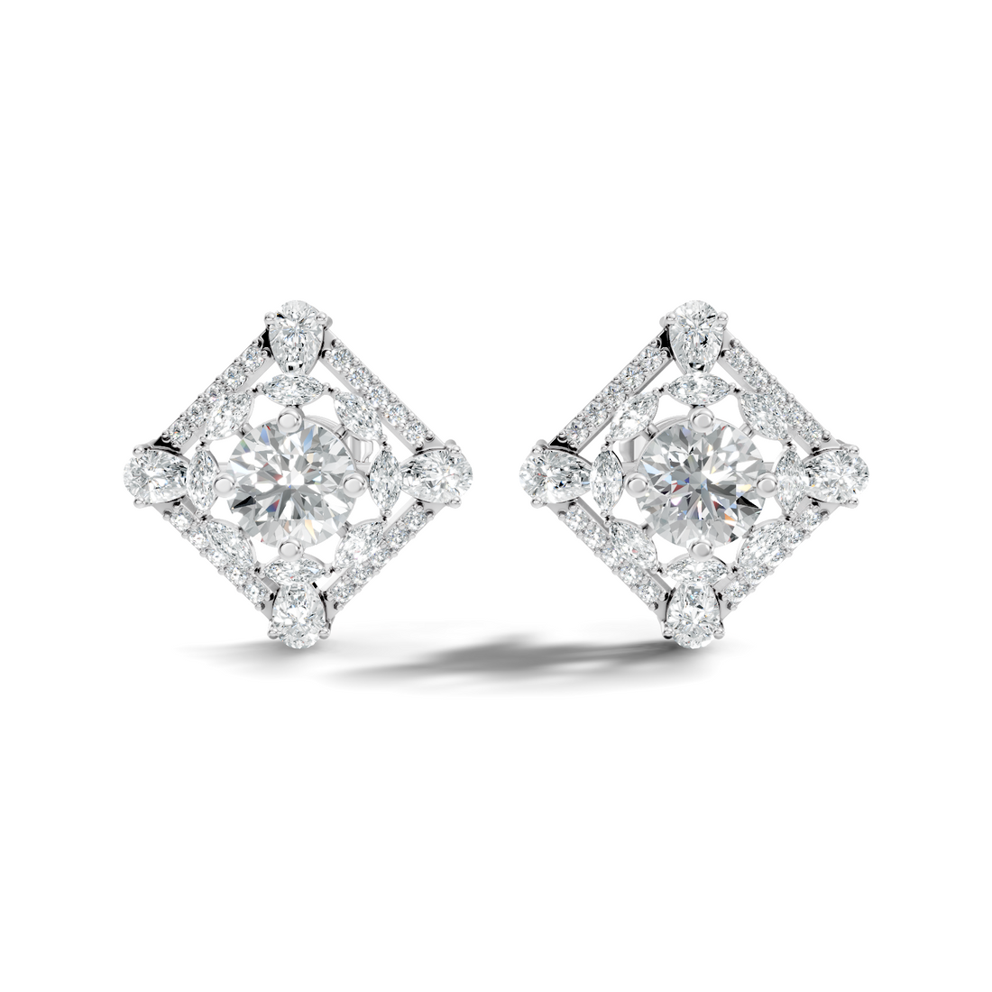 Round Solitaire & Diamond Rhombus Filigree Stud