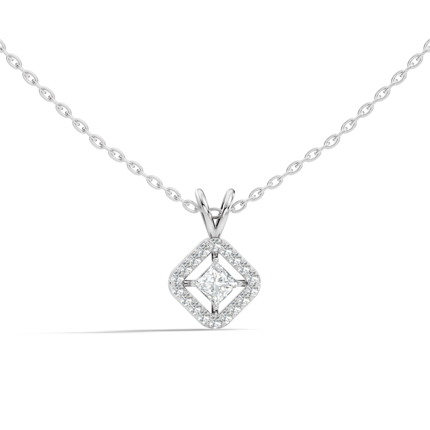 Princess Cut Diamond Floating Solitaire Rhombus Halo Pendant