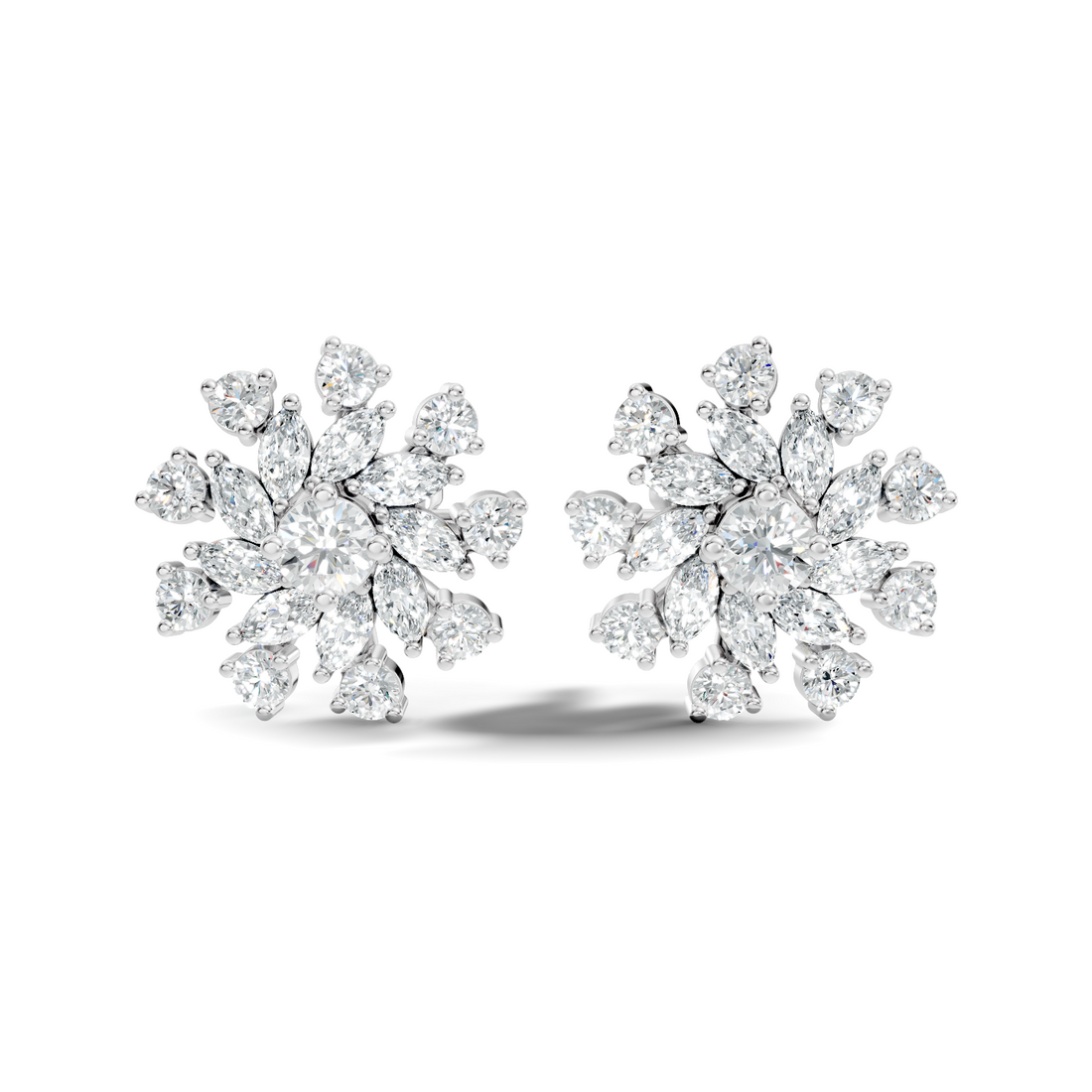 Marquise & Round Diamond Snowflake Floral Cluster Stud