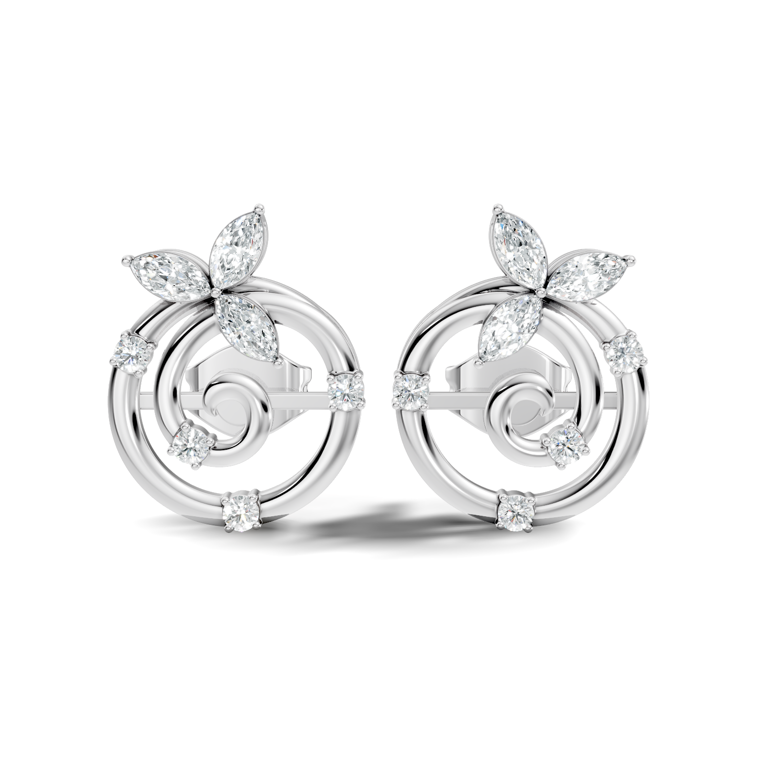 Marquise Floral Crown & Spiral Swirl Diamond Stud