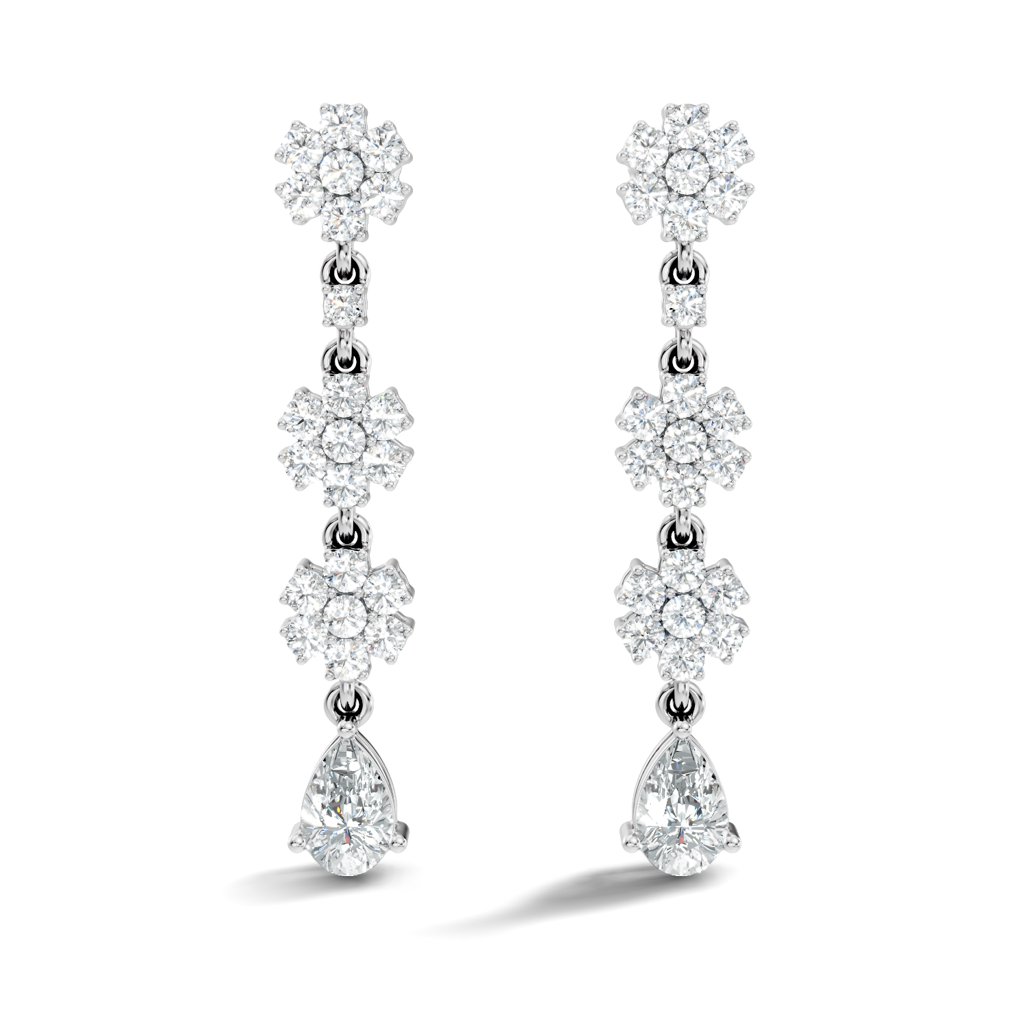 Triple Floral Cluster & Pear Diamond Drop Earrings