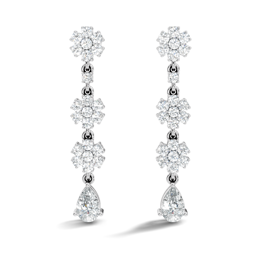 Triple Floral Cluster & Pear Diamond Drop Earrings