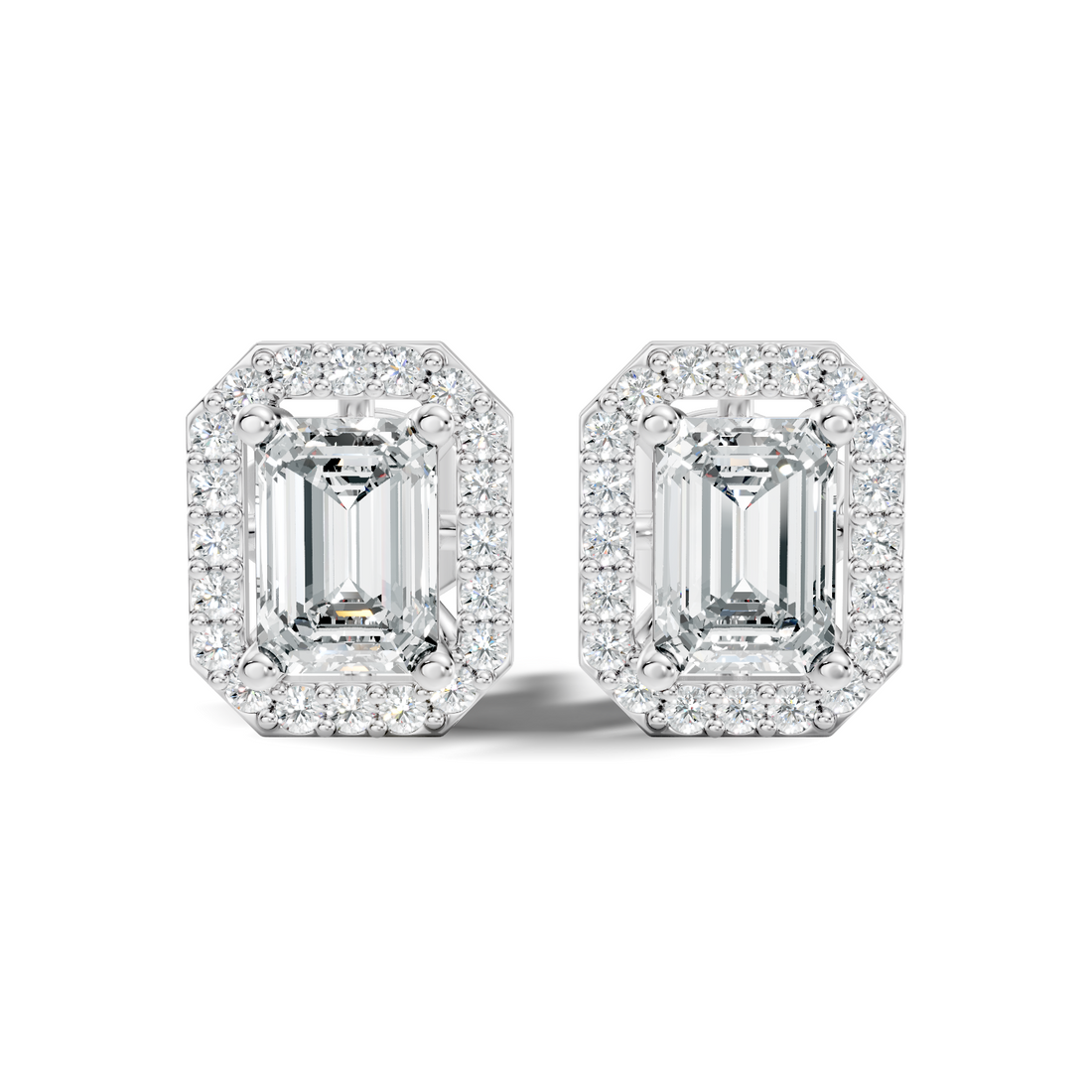 Emerald Cut Solitaire & Diamond Octagon Halo Stud