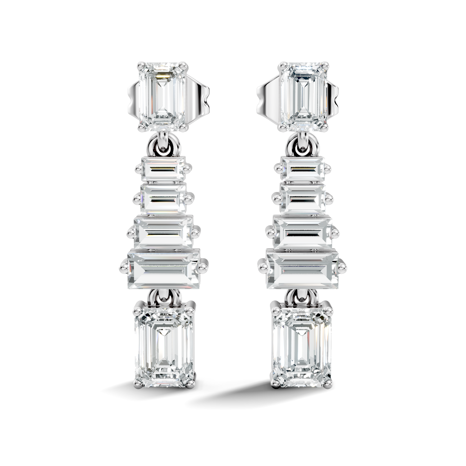 Emerald & Straight Baguette Diamond Linear Drop Earrings