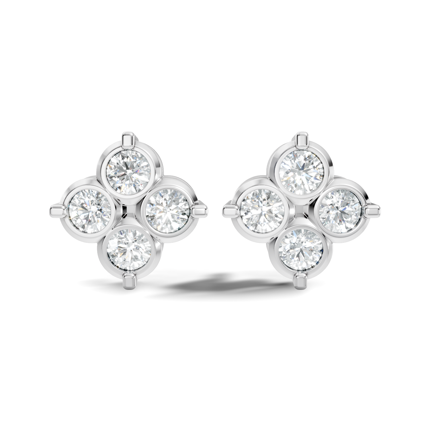 Four-Petal Floral Clover Round Diamond Cluster Stud