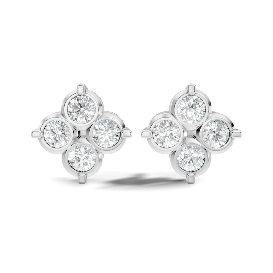 Four-Petal Floral Clover Round Diamond Cluster Stud