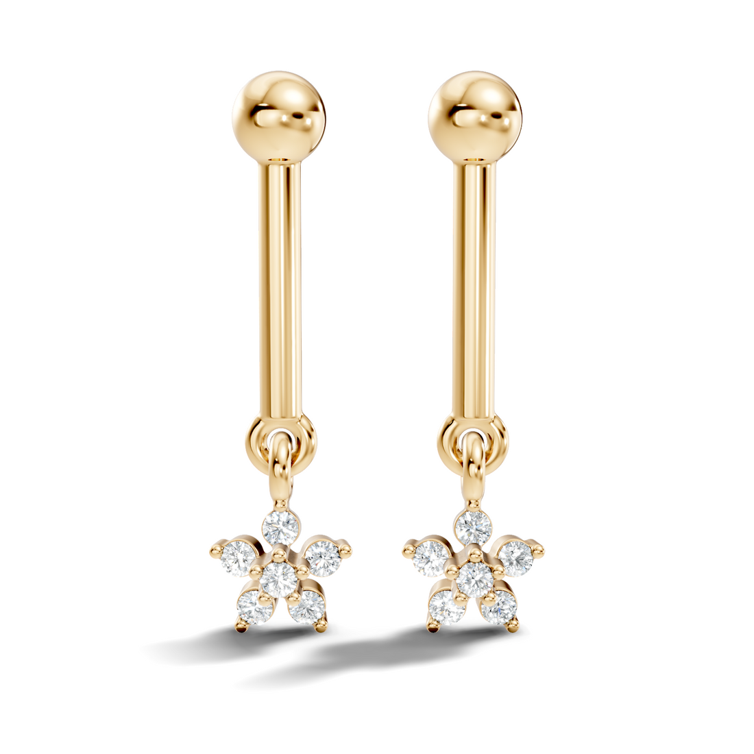 Round Diamond Bar & Floral Drop Earrings