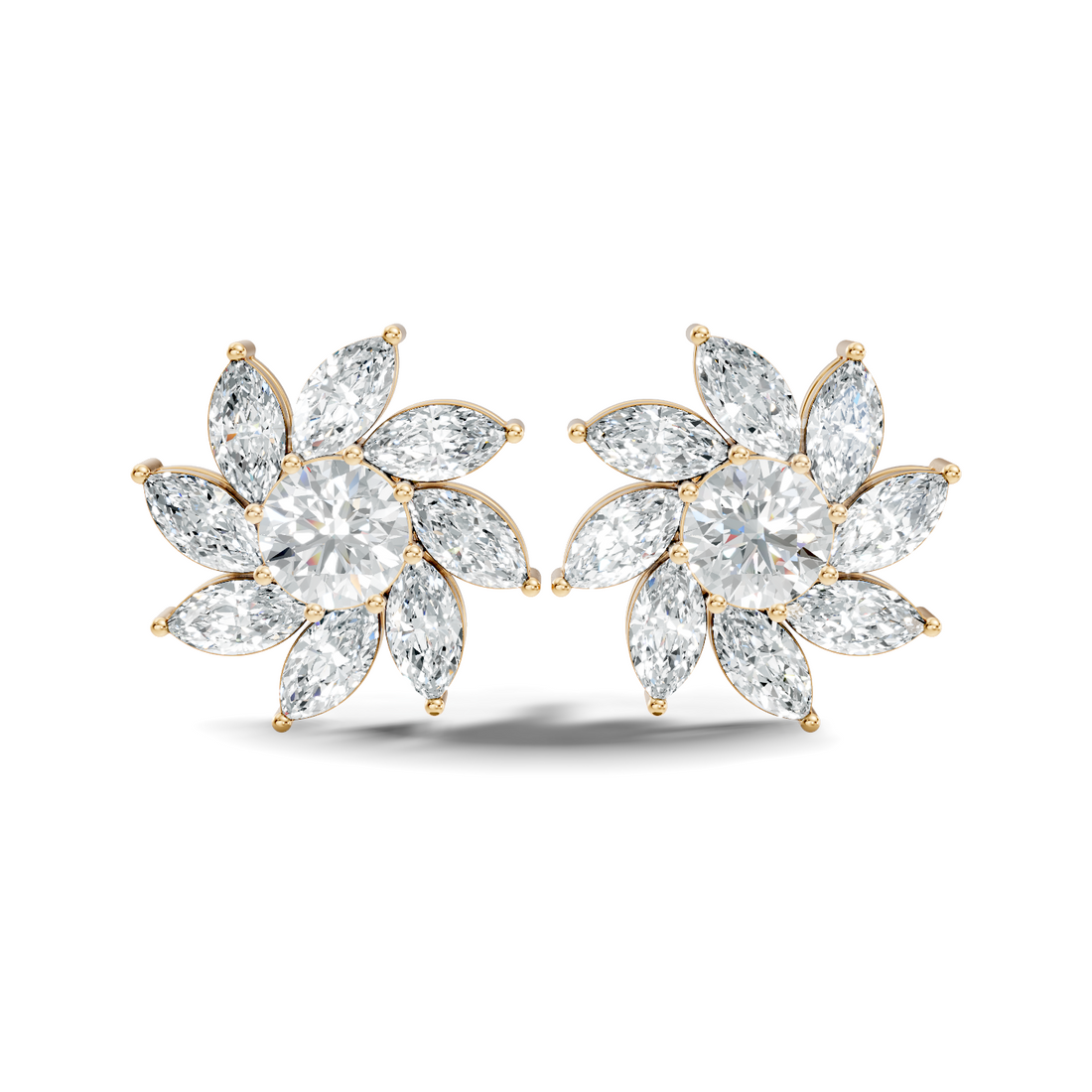 Round & Marquise Pinwheel Floral Diamond Cluster Stud