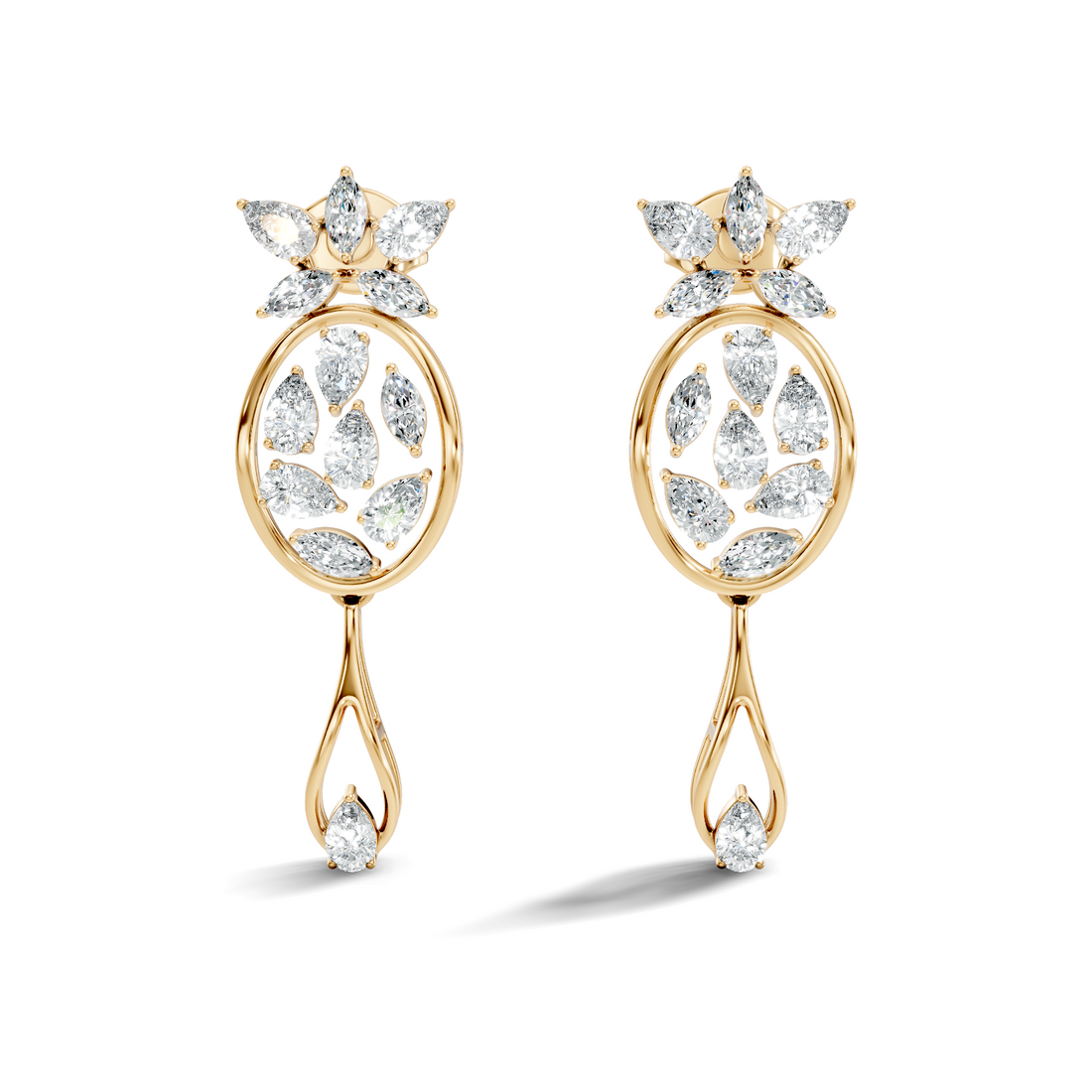 Oval Leaf Frame & Teardrop Marquise Pear Diamond Dangle Earrings (2.00 TCW)