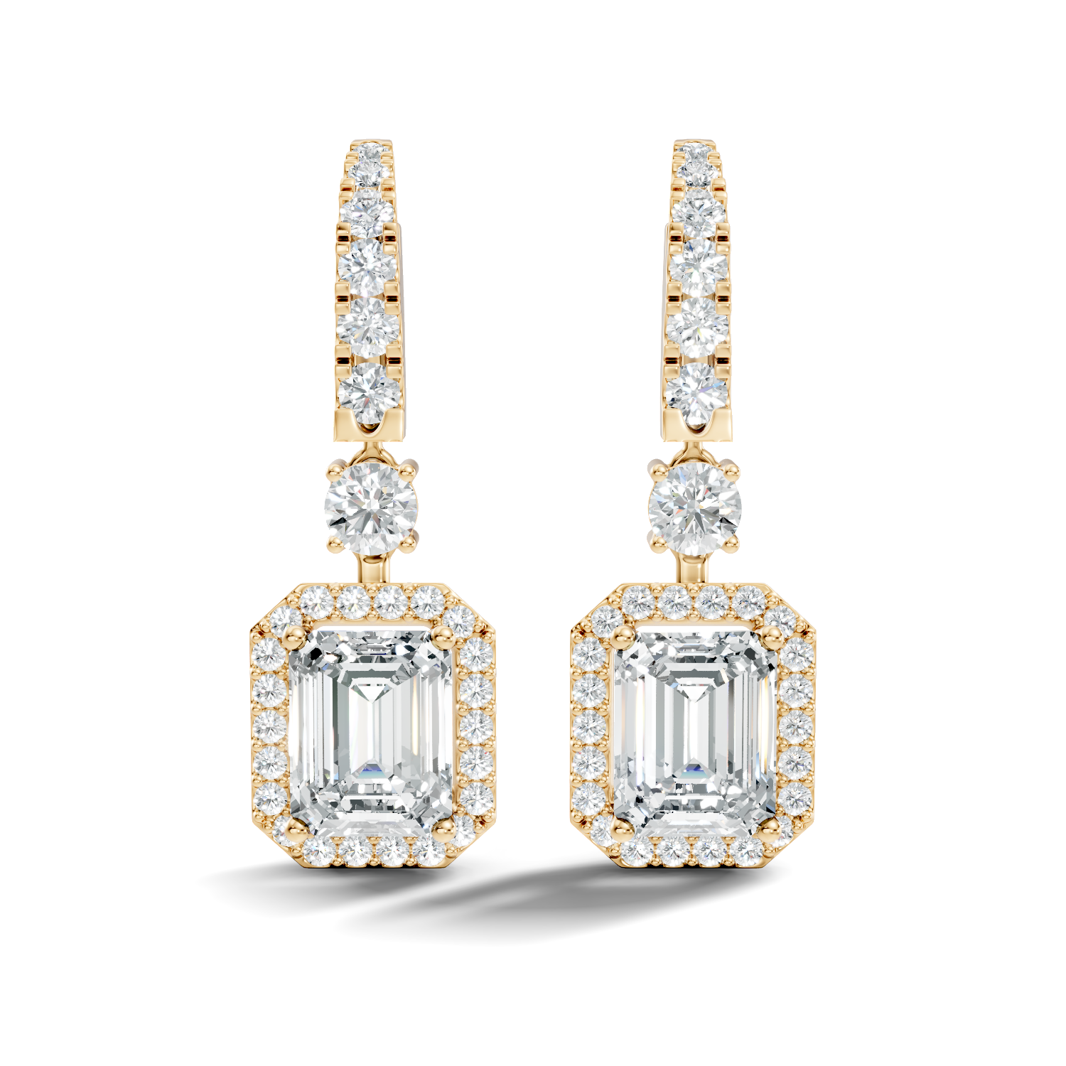 Emerald Cut Halo & Graduated Diamond Hoop Drop Earrings
