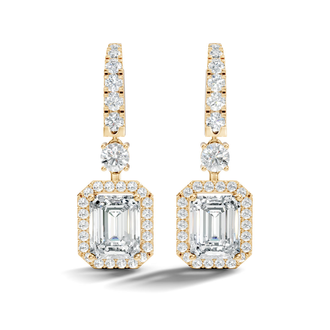 Emerald Cut Halo & Graduated Diamond Hoop Drop Earrings