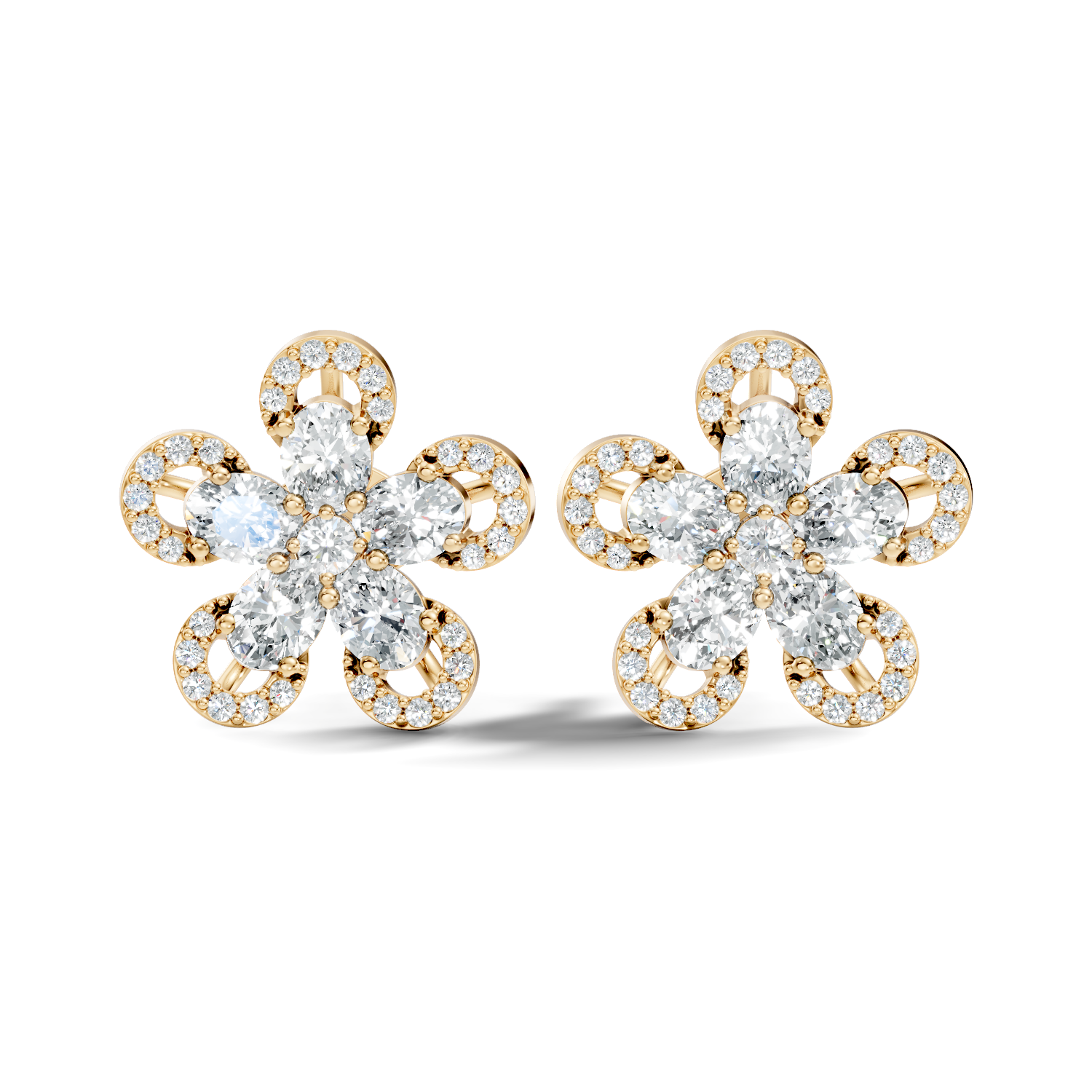 Oval & Round Diamond 5-Petal Openwork Flower Stud