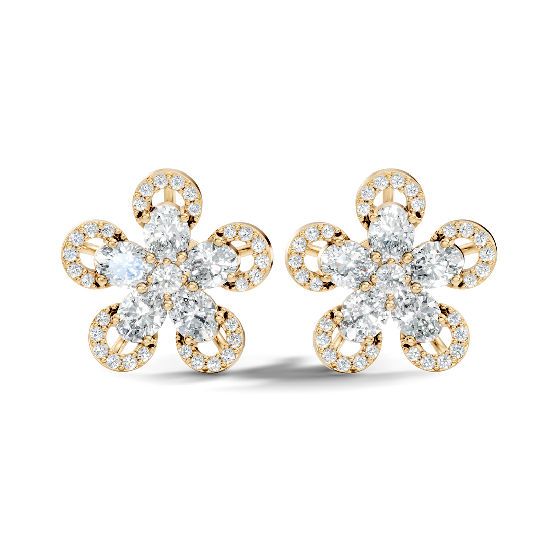Oval & Round Diamond 5-Petal Openwork Flower Stud