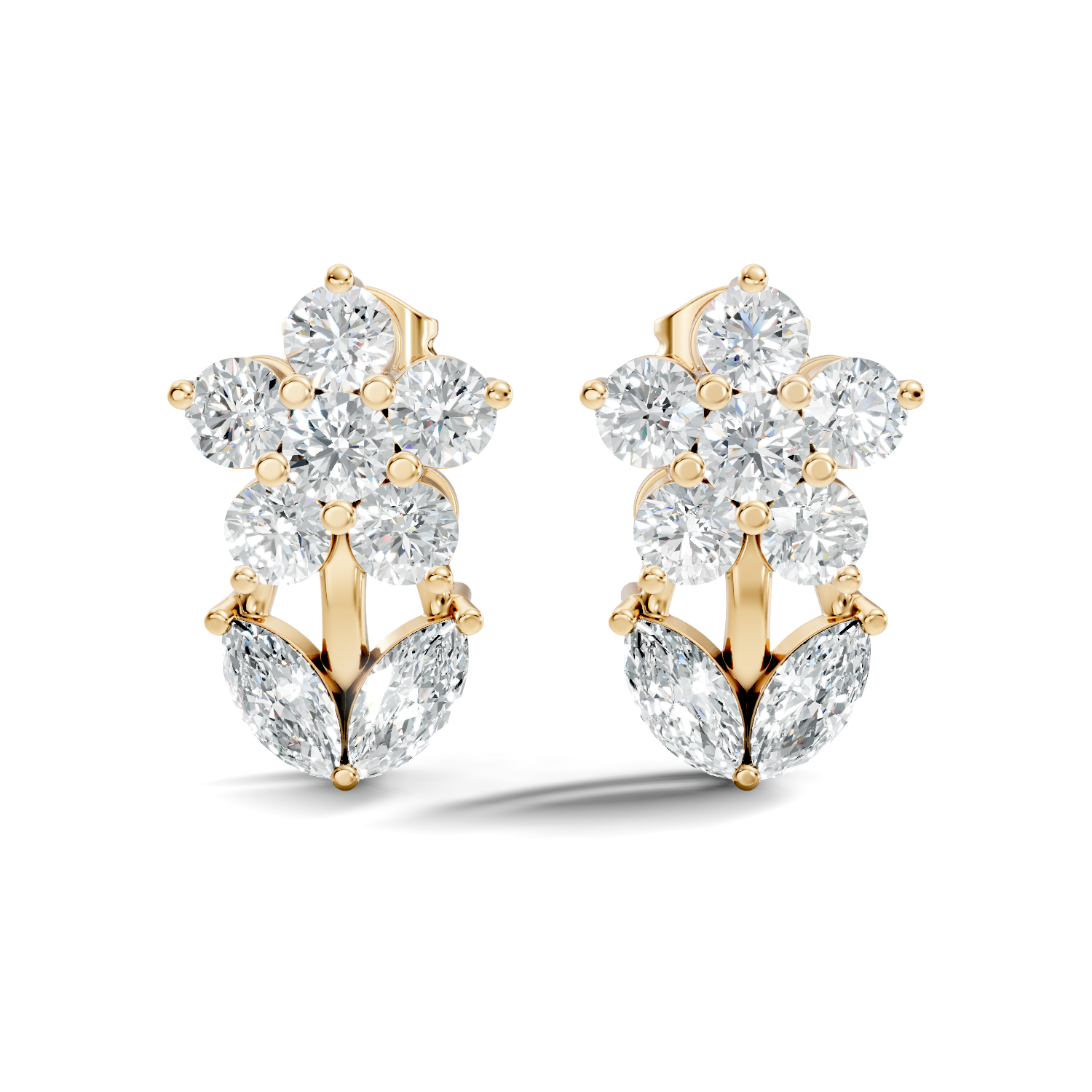 Round Floral Bloom & Marquise Leaf Diamond Stud