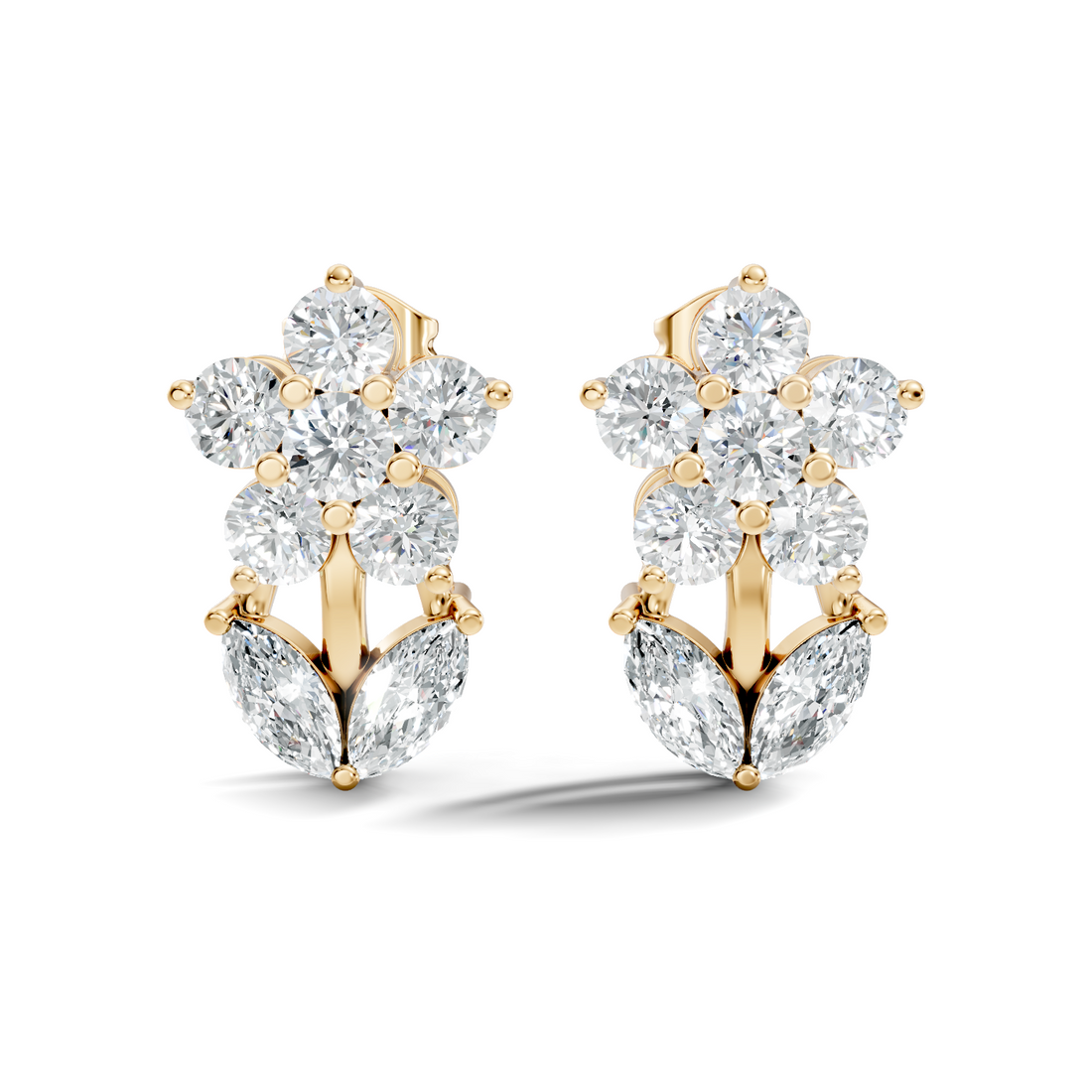 Round Floral Bloom & Marquise Leaf Diamond Stud