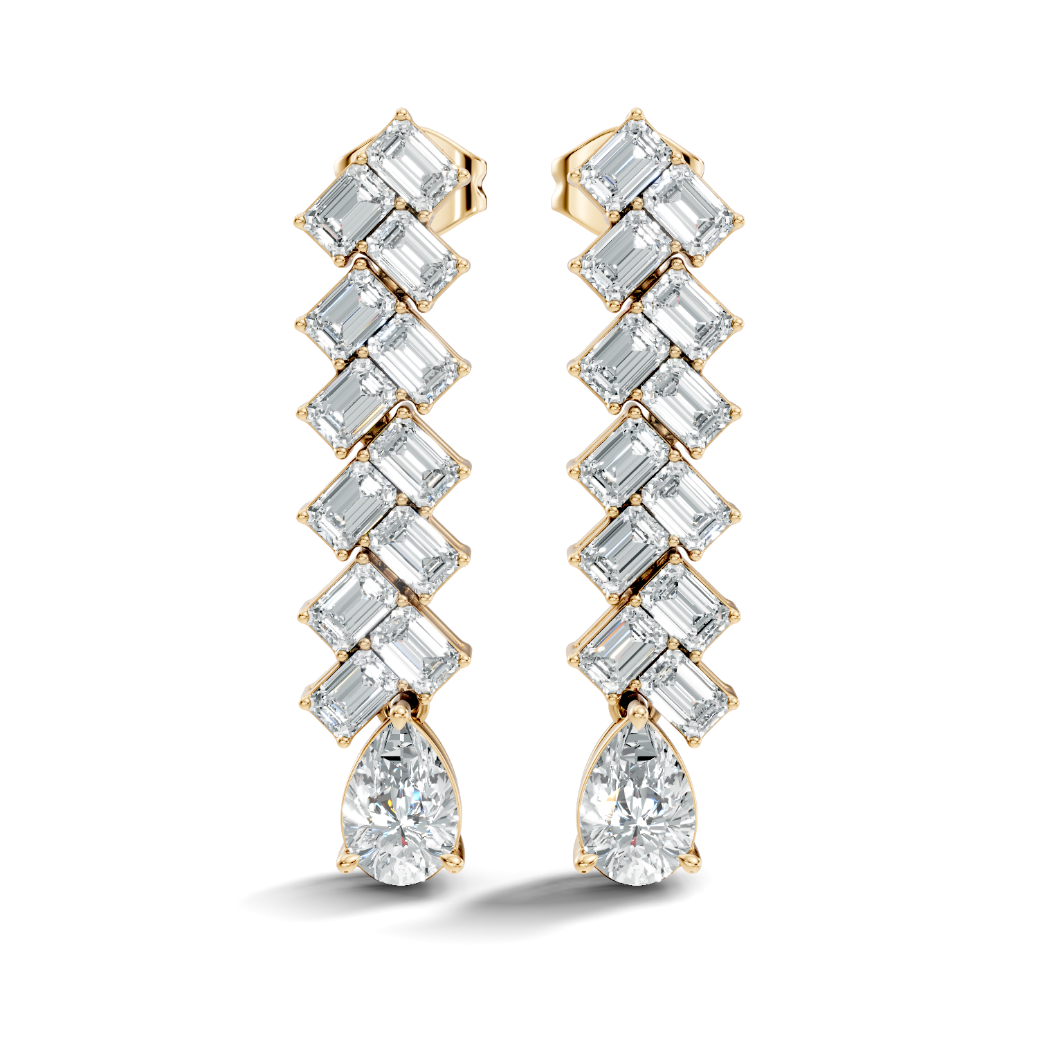 Emerald Cut Zig-Zag Column & Pear Drop Diamond Earrings