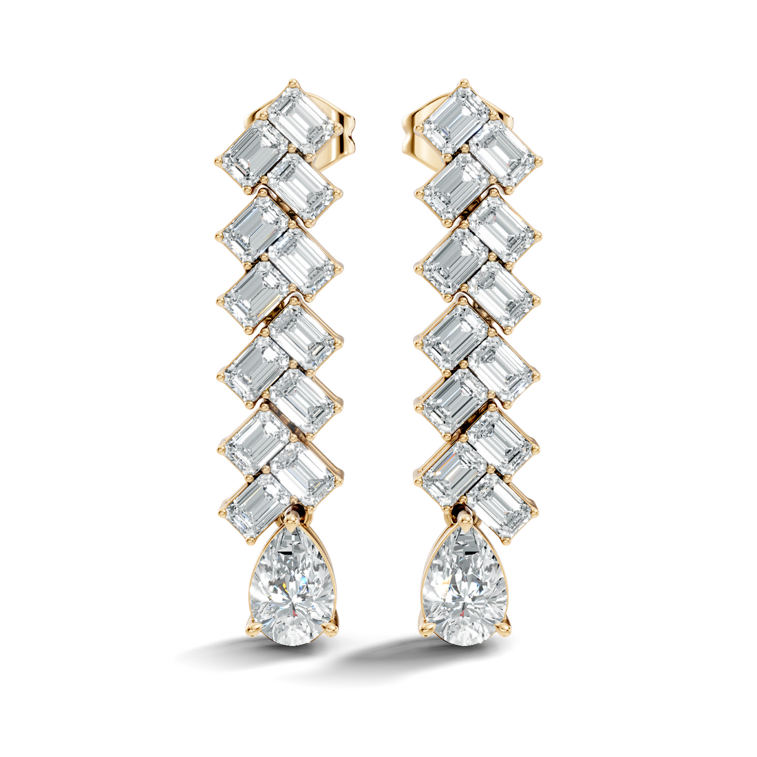 Emerald Cut Zig-Zag Column & Pear Drop Diamond Earrings