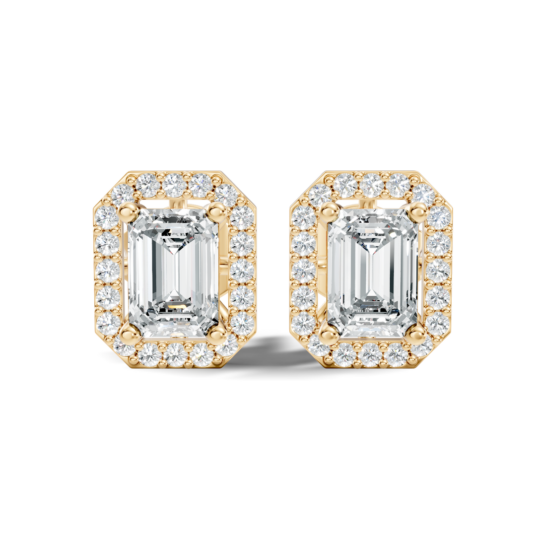 Emerald Cut Solitaire & Diamond Octagon Halo Stud