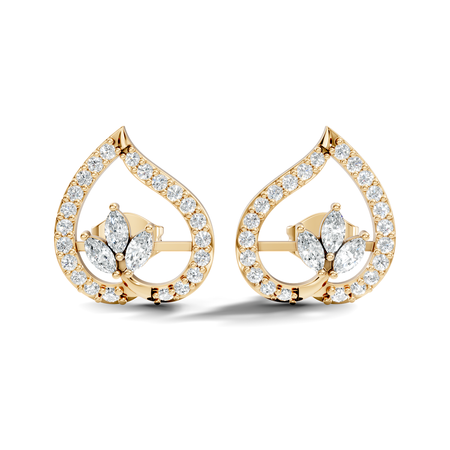 Marquise & Round Diamond Openwork Leaf Stud