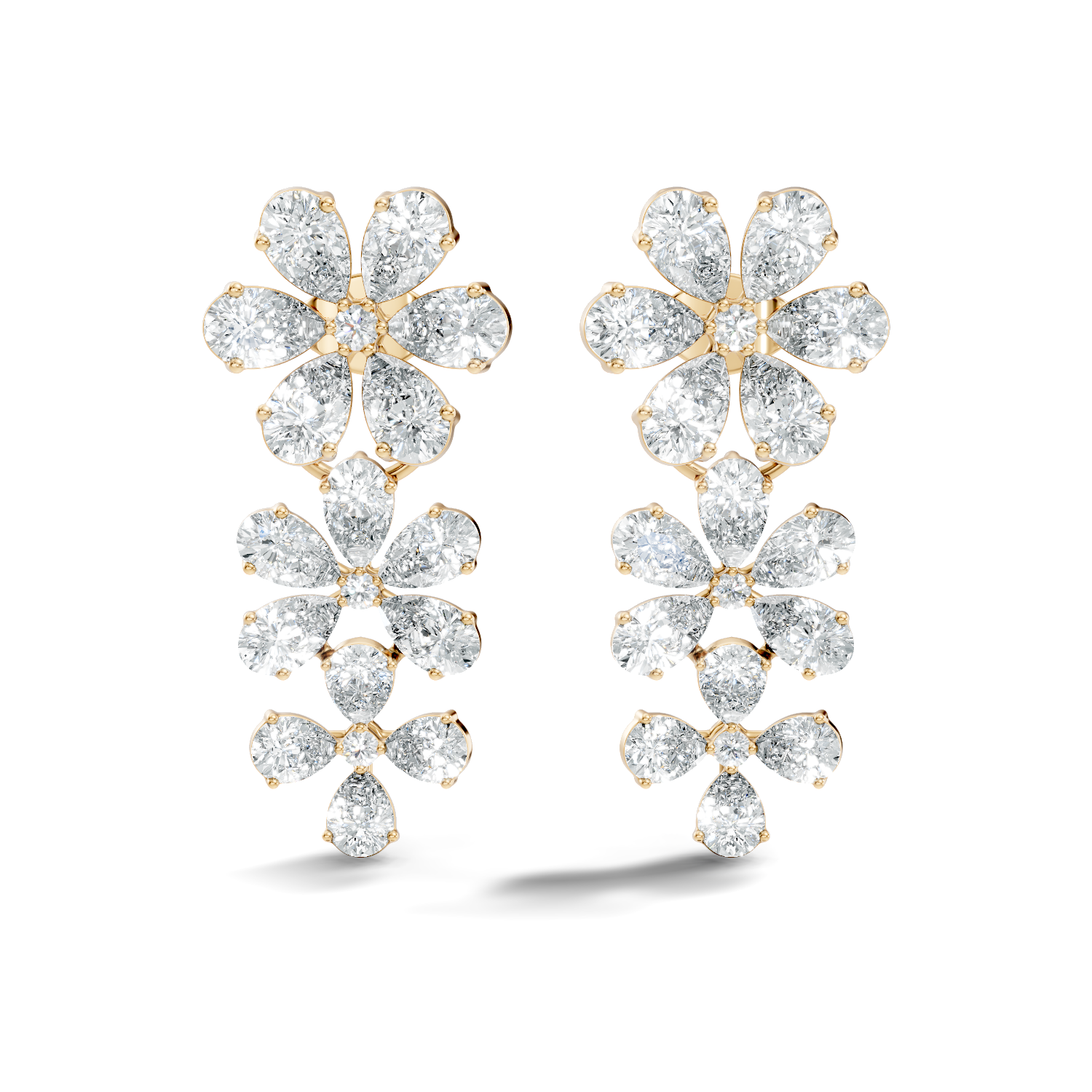 Pear & Round Diamond Triple Tier Floral Drop Earrings