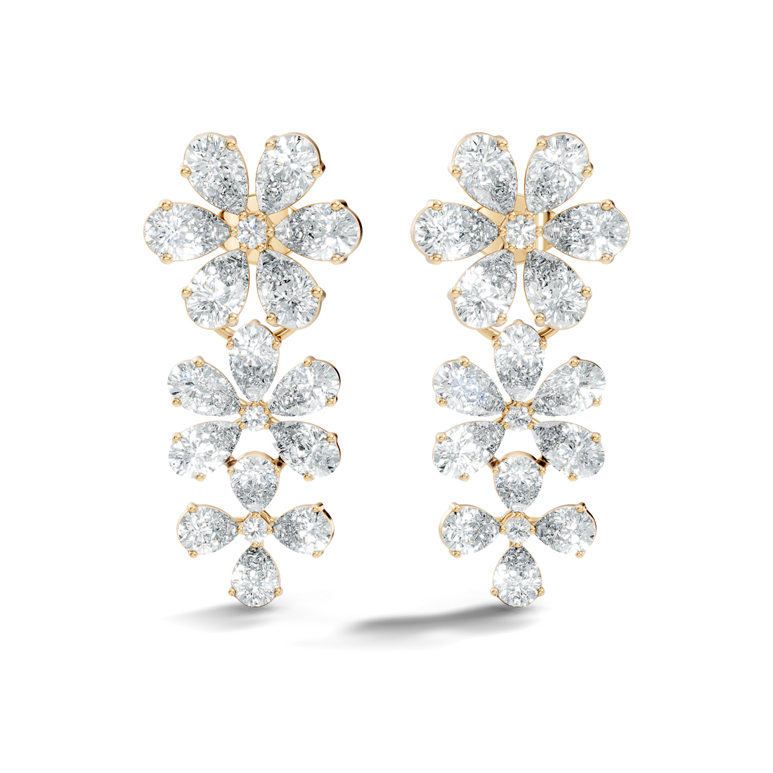 Pear & Round Diamond Triple Tier Floral Drop Earrings