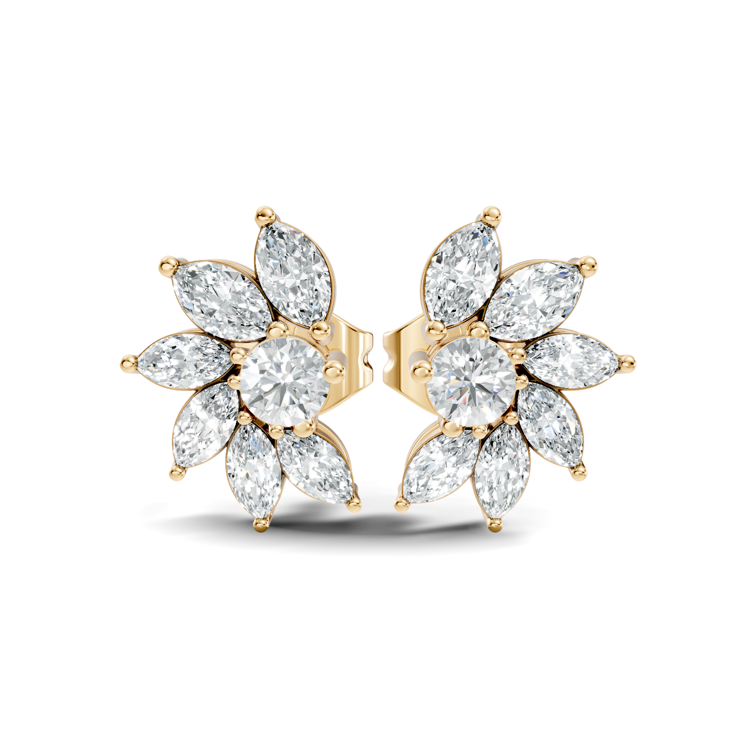 Marquise & Round Diamond Asymmetric Pinwheel Cluster Stud