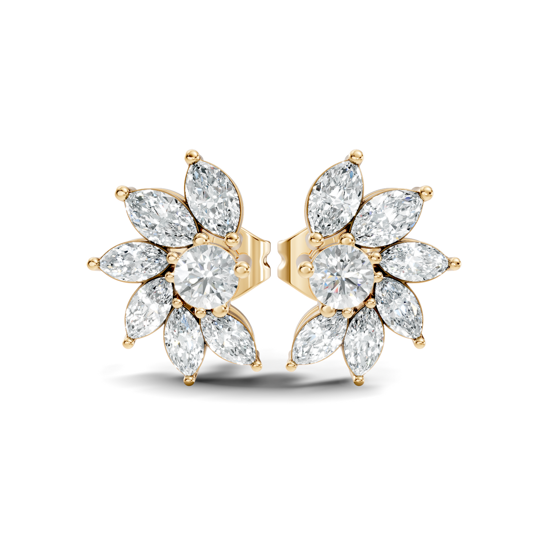 Marquise & Round Diamond Asymmetric Pinwheel Cluster Stud