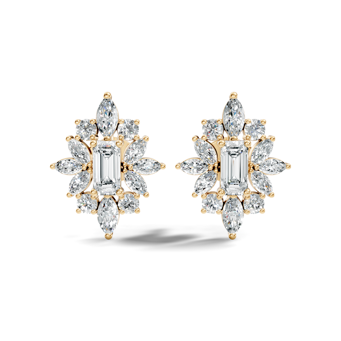 Emerald Cut Solitaire & Marquise Sunburst Cluster Stud