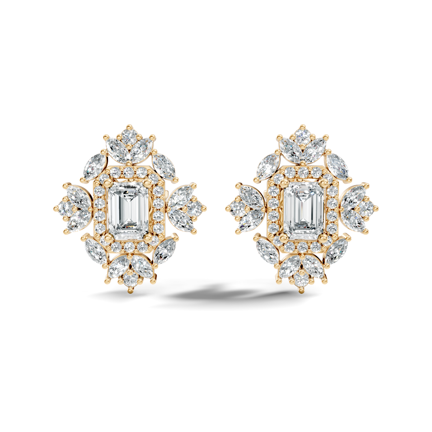 Emerald Cut Diamond Double Halo Marquise Burst Stud