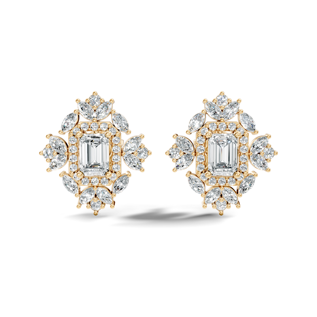 Emerald Cut Diamond Double Halo Marquise Burst Stud