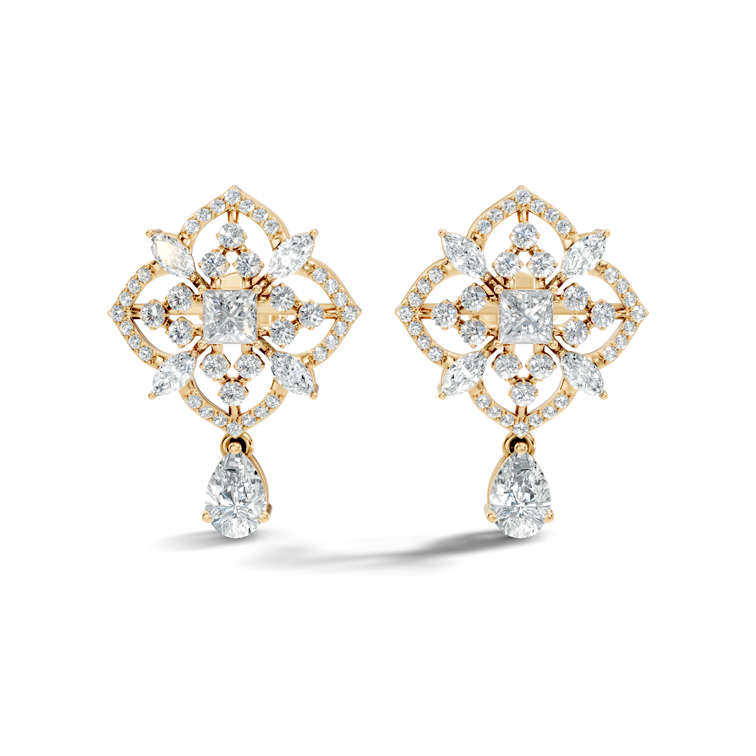 Princess Solitaire & Openwork Quatrefoil Pear Drop Earrings